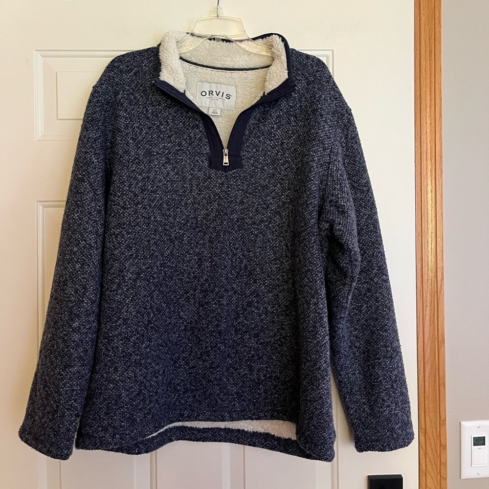 Men’s Orvis quarter zip Sherpa lined pull over blue sweater jacket. Size large